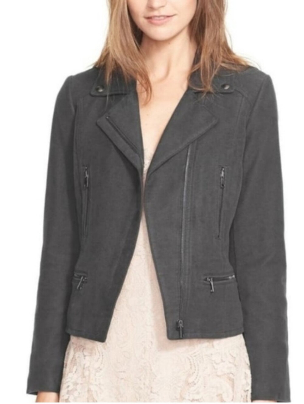 Joie Gray Seabrooke Quilted Brushed Cotton Moto Jacket with Zip Pockets S